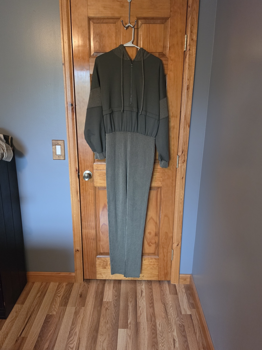 Fashion Nova Olive Green Hooded Jumpsuit with Drawstring